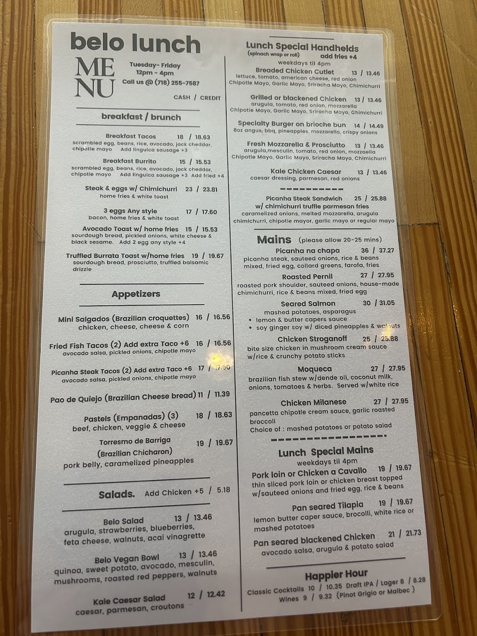 Menu page with Brazilian and American dishes.