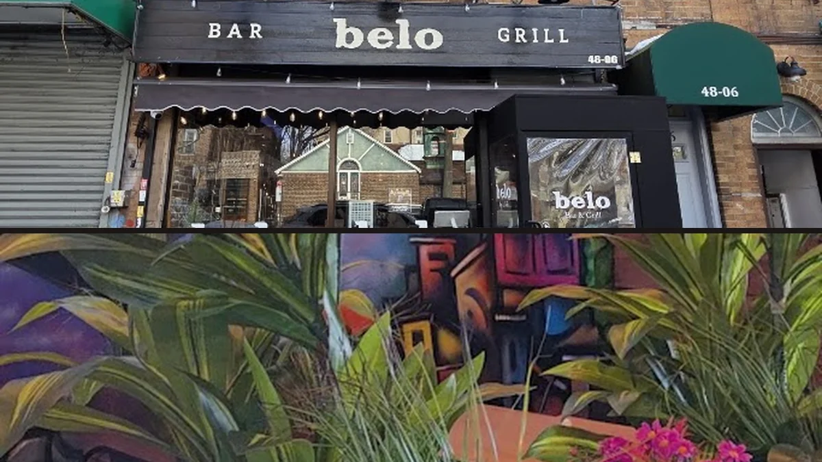 Outdoor seating beside the restaurant entrance.